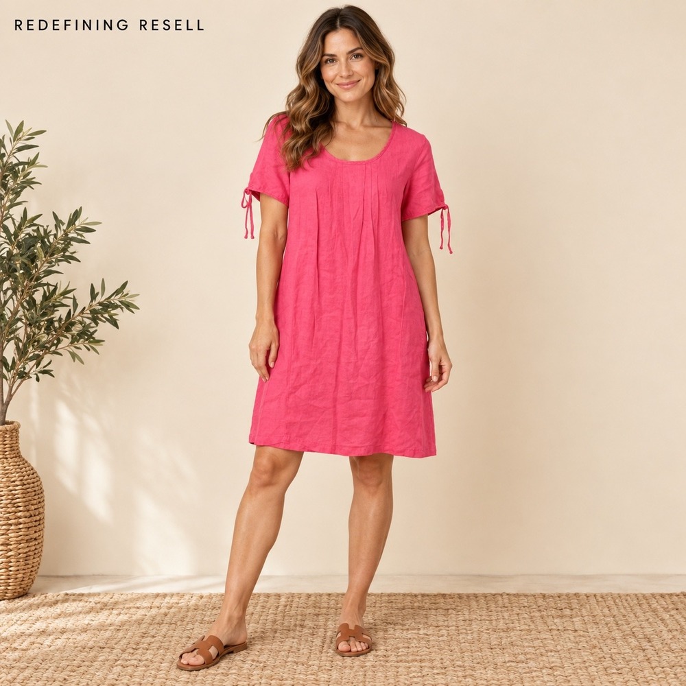 Hot Cotton Pink 100% Linen Pintuck Shift Dress Short Tie Sleeve Size M